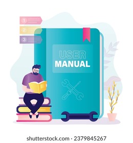 Customer find answers. Business person reading user manual or textbook. Giant book. Concept of user guide, Q and A. FAQ and instructions, professional guide. flat vector illustration