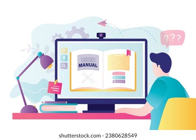 Customer find answers online in internet. Business person reading user manual or textbook on monitor. Concept of user guide, Q and A. FAQ and instructions, professional guide. flat vector illustration