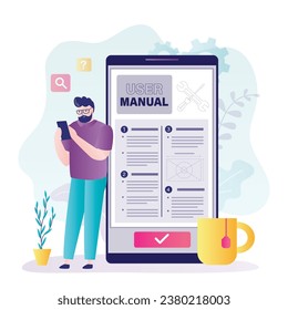 Customer find answers online on smartphone. Business person reading user manual or textbook in mobile app. Concept of user guide, Q and A. FAQ and instructions, professional guide. vector illustration