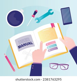 Customer find answers. Person reading user manual book or textbook. Top view. Concept of user guide, Q and A. FAQ and instructions, professional guide. flat vector illustration