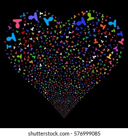 Customer fireworks with heart shape. Vector illustration style is flat bright multicolored iconic symbols on a black background. Object stream created from confetti pictograms.