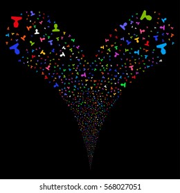Customer fireworks stream. Vector illustration style is flat bright multicolored iconic symbols on a black background. Object double fountain made from random pictographs.