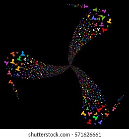 Customer fireworks swirl rotation. Vector illustration style is flat bright multicolored iconic symbols on a black background. Object twirl created from random pictograms.