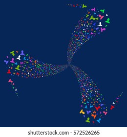 Customer fireworks swirl rotation. Vector illustration style is flat bright multicolored iconic symbols on a blue background. Object twirl constructed from random design elements.