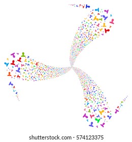 Customer fireworks swirl rotation. Vector illustration style is flat bright multicolored iconic symbols on a white background. Object whirlpool made from random design elements.