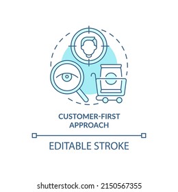 Customer first approach turquoise concept icon. Lean manufacturing principle abstract idea thin line illustration. Isolated outline drawing. Editable stroke. Arial, Myriad Pro-Bold fonts used