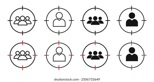 Customer Focus icon set. Target audience vector symbol. Client, customer, or consumer-centric marketing optimization sign, ideal for mobile app and website UI design