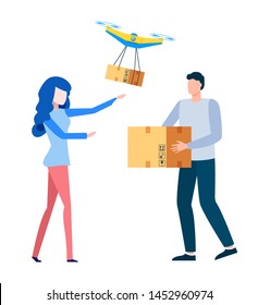 Customer with fulfilled order, box and good delivery of product by service. Person with package shipment storage. Delivery with drone. Quadcopter flying over peoples and carrying package to customer