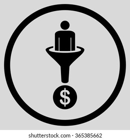 Customer Funnel vector icon. Style is flat circled symbol, black color, rounded angles, light gray background.