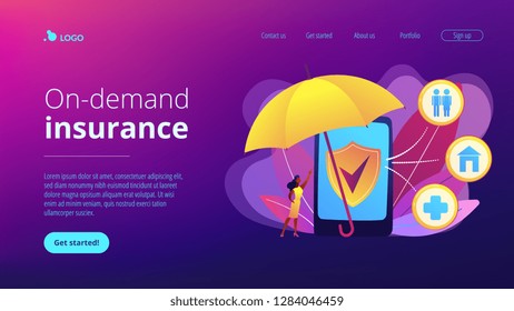 Customer getting insurance coverage and protection using smartphone. On-demand insurance, online policy, personalized isurance service concept. Website vibrant violet landing web page template.