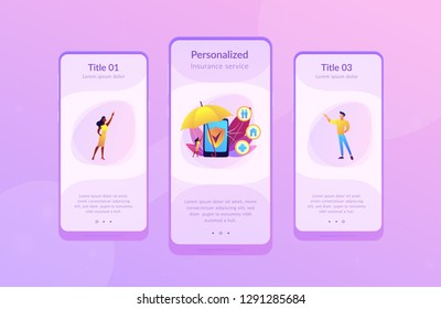 El cliente obtiene cobertura de seguro y protección mediante smartphone. Seguro a petición, póliza en línea, concepto de servicio de seguro personalizado. Plantilla de interfaz de usuario de usuario de Mobile UX GUI, wireframe de interfaz de aplicación