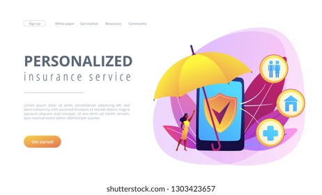 Customer getting insurance coverage and protection using smartphone. On-demand insurance, online policy, personalized isurance service concept. Website vibrant violet landing web page template.