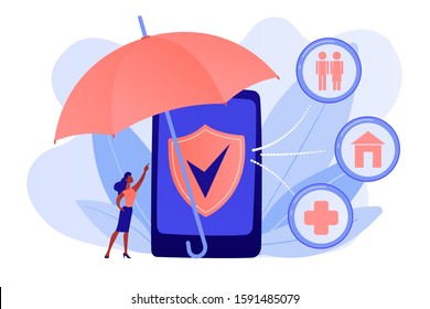 Customer Getting Insurance Coverage And Protection Using Smartphone. On-demand Insurance, Online Policy, Personalized Isurance Service Concept. Pinkish Coral Bluevector Isolated Illustration