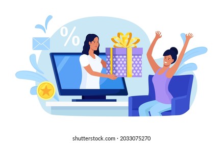 Customer getting virtual gift. Women giving present box from computer screen. Online shopping. Bonus, discount, promotion, loyalty program. Vector illustration