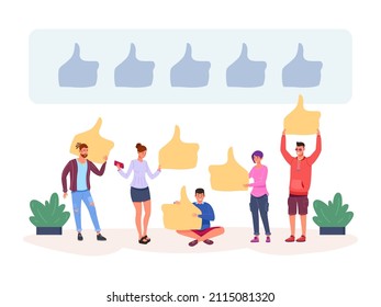 Customer give thumbs up. Students reviews about satisfaction service, positive good feedback, vector illustration. Customer opinion and experience