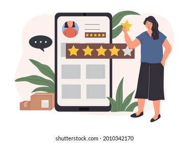 customer gives feedback stars for online shop in e-commerce application on smartphone. used for website image, social media illustration and other