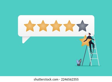 Customer giving 5 stars rating review, reputation and customer feedback, a man climb up ladder to put on best rating