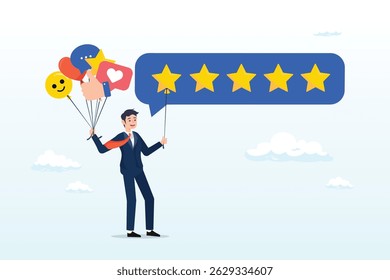 Customer giving 5 stars rating or customer experience, 5 Stars review, customer feedback evaluation, best quality or satisfaction, opinion, best rating reputation or online positive review concept