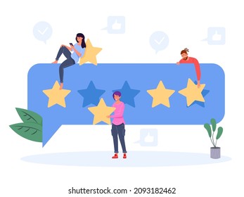 Customer giving evaluation. People choosing star rating in online app, student reviews for survey, client opinion, vector illustration. Rating and feedback, review positive and opinion
