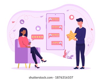 Customer giving feedback sitting in armchair. Concept of people giving review results. Man is checking reviews while holding star. Flat cartoon vector illustration