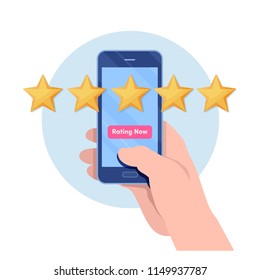 Customer giving five star rating by smartphone application. User feedback review scroll. Cartoon illustration vector graphic on white background.