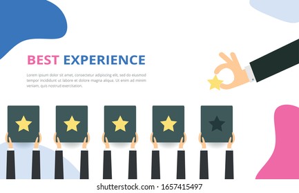 Cliente que ofrece una calificación de cinco estrellas para la mejor experiencia de servicio. Concepto de buena reacción de los clientes. Experiencia de compras.