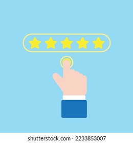 Customer giving a five star rating on blue background. Service rating, feedback, satisfaction concept. Vector illustration