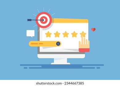 Customer giving five star rating on website. Customer review online, Customer feedback, Online survey. Vector illustration background with icons