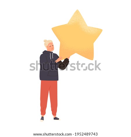 Customer giving positive feedback and review of services. Client rating app or website with golden star. Online appraisal concept. Colored flat graphic vector illustration isolated on white background