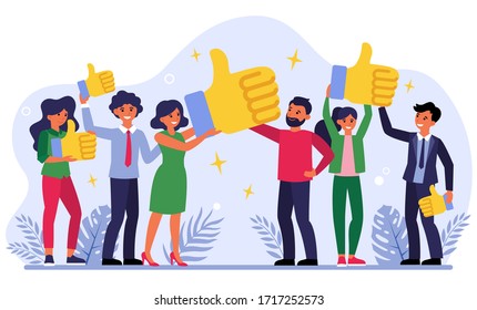 Customer giving quality feedback flat vector illustration. Smiling people choosing top service. Business success via client satisfaction. Reviews and survey concept