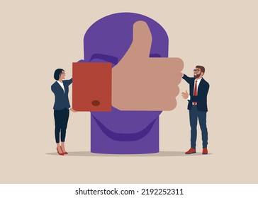 Customer giving quality feedback, social media review concept.