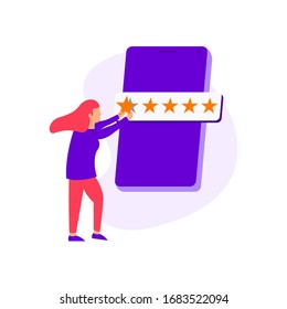 El cliente da la estrella de calificación. Sistema de clasificación. Revisión del cliente. Comentarios. Ilustración del vector 