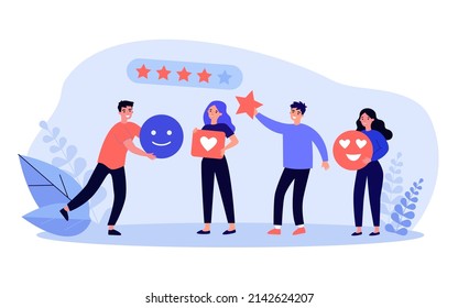 Customer giving rating stars, likes and positive feedback. Review from tiny male and female clients flat vector illustration. Rate, satisfaction concept for banner, website design or landing web page