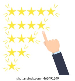 Customer good review design template on white background. Rating evaluation vector symbol. Male hand pointing to four stars. Likes, approval, positive feedback sign.