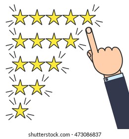 Customer good review design template on white background. Rating evaluation vector symbol. Male hand pointing to five stars. Likes, approval, positive feedback sign