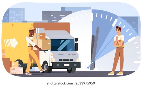 Agradecido ao cliente pela entrega em tempo hábil. Courier homem pessoa ordem de envio em caixas de papelão pacotes a tempo. Transporte de velocidade rápida, conceito de serviço de entrega rápida caminhão vetor plano ilustração 