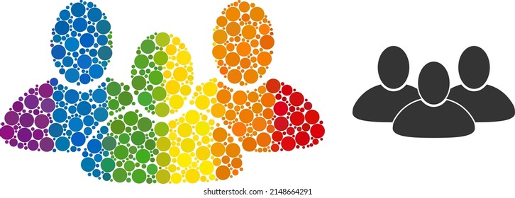 Customer group composition icon of round items in variable sizes and spectrum color hues. A dotted LGBT-colored customer group for lesbians, gays, bisexuals, and transgenders.