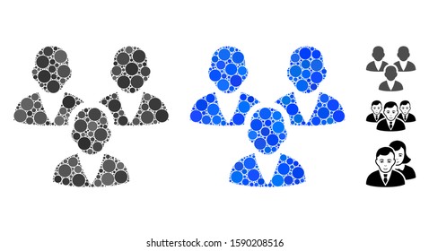 Customer group mosaic of filled circles in various sizes and color hues, based on customer group icon. Vector small circles are combined into blue mosaic.