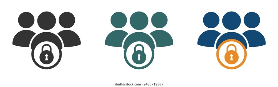 Iconos vectoriales de privacidad de grupo de Clientes. Señales de Vector de trabajo en equipo seguras.