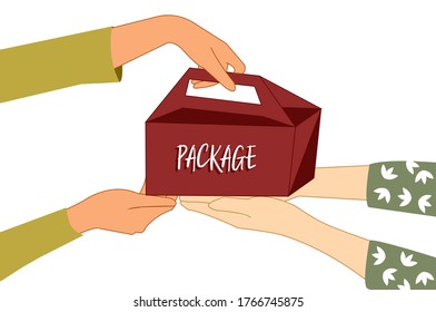 Mano del cliente aceptando una entrega de cajas del repartidor. Postman entrega el paquete. Concepto de servicio de entrega y envío por correo.