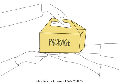 Customer hand accepting a delivery of boxes from deliveryman. Postman delivers the parcel. Delivery and mailing service concept.