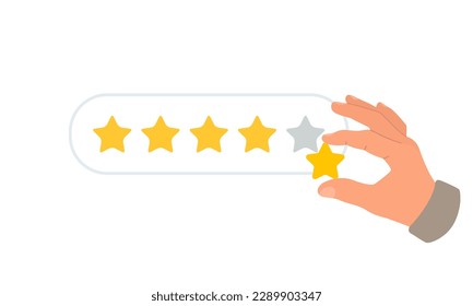 Customer hand give rating 5 stars. Vector illustration of review rating and feedback. Flat design isolated on white background.