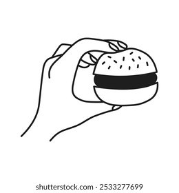 Mão Do Cliente Segurando O Ícone Da Linha Do Burger. Gesto de dedo com Hamburger. Ilustração do vetor de contorno no estilo de rabiscar.