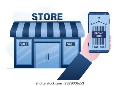 Customer hand holding mobile phone with promo code coupon. Shop storefront. Sale, discount. Market building, offline shopping, purchase. Promotion campaign, marketing or retail concept. Flat vector