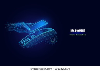Customer hand paying using NFC technology with phone, contactless payment digital wireframe made of connected dots. NFC near field communication low poly vector illustration on blue background.
