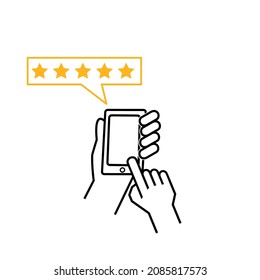  Customer hand pressing on smartphone screen with gold five star rating feedback icon . Vector illustration