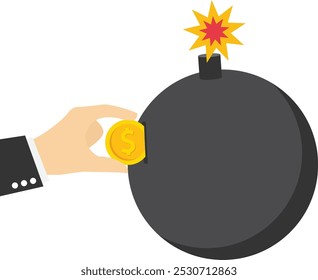 La mano del Cliente puso la moneda en la bomba. Pánico en el mercado de valores, pronóstico de crisis financiera. Ilustración vectorial plana
