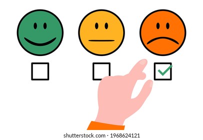 customer hand putting checkmark a checkbox on for a satisfaction survey negative evaluation, Customer experience concept.