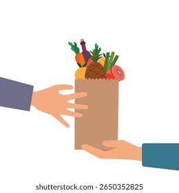 A mão do cliente que recebe o saco de papel da encomenda com cheio de mantimentos Comida do homem da entrega. Conceito de entrega de comida em casa. Ilustração vetorial