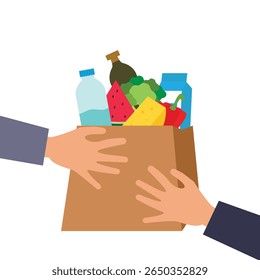 Customer hand receiving parcel paper bag with full of groceries Food from delivery man. Food home delivery concept. Vector illustration